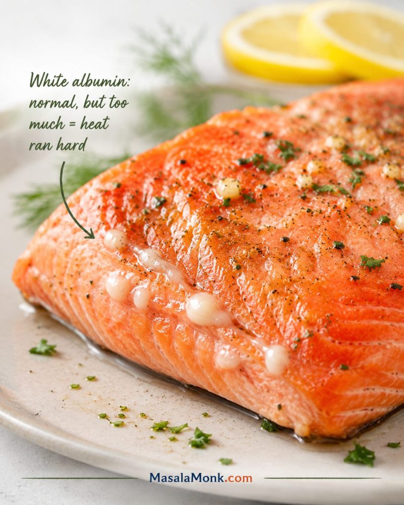 Cooked sockeye salmon close-up with visible white albumin on the surface and lemon nearby.