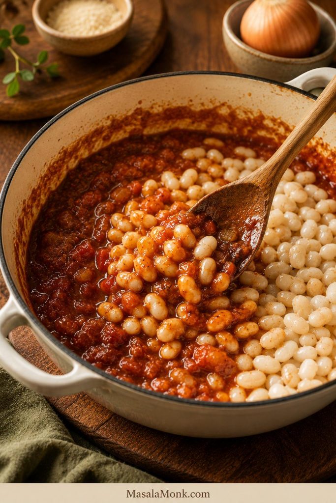 White beans folded into reddish-brown sauce with a wooden spoon.