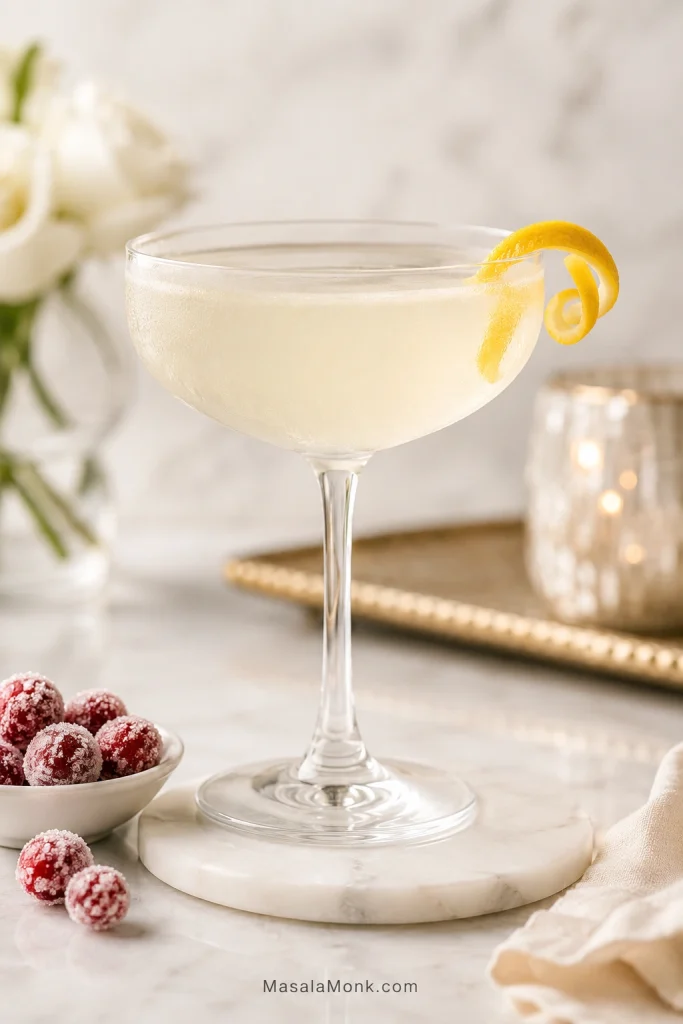 Pale White Cosmopolitan cocktail in a coupe glass with a lemon twist and sugared cranberries beside it.