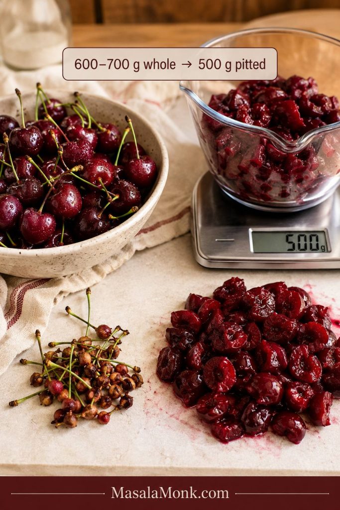 Whole cherries, pitted chopped cherries, cherry pits, stems, and a kitchen scale showing 500 grams.