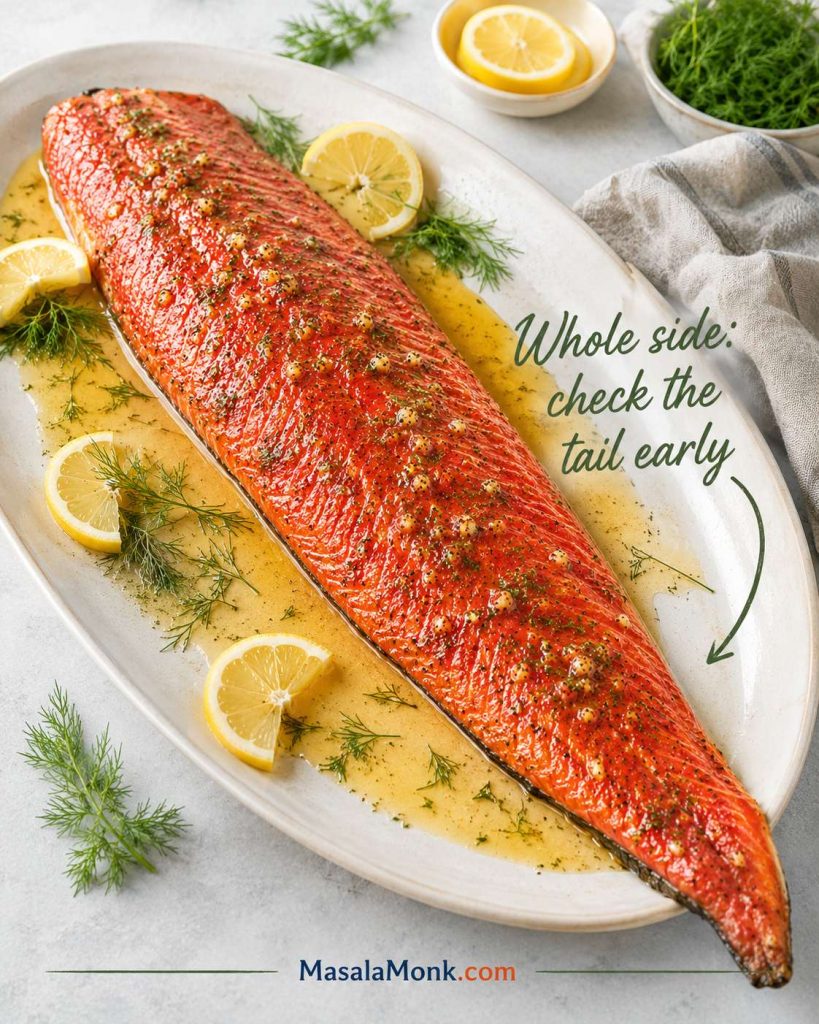 Whole side of baked sockeye salmon on a platter with lemon slices, herbs, and a thinner tail end.