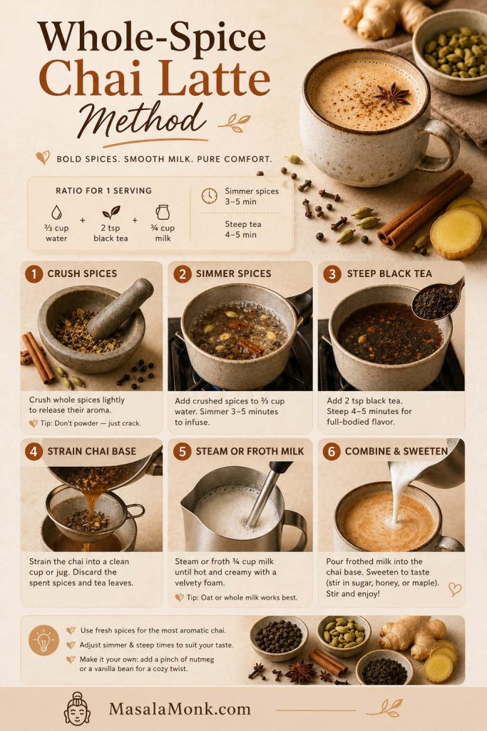 Whole-Spice Chai Latte Method board showing crushed spices, simmered spices, steeped black tea, strained chai base, frothed milk, and the final latte.