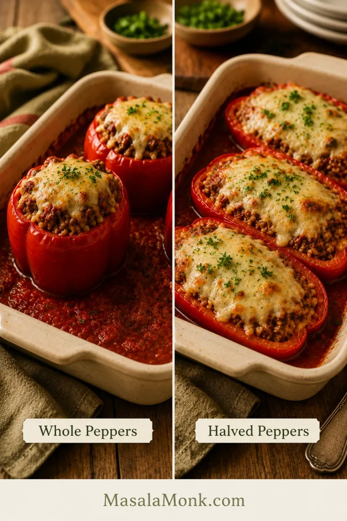Side-by-side comparison of whole stuffed red peppers and halved stuffed red peppers topped with cheese