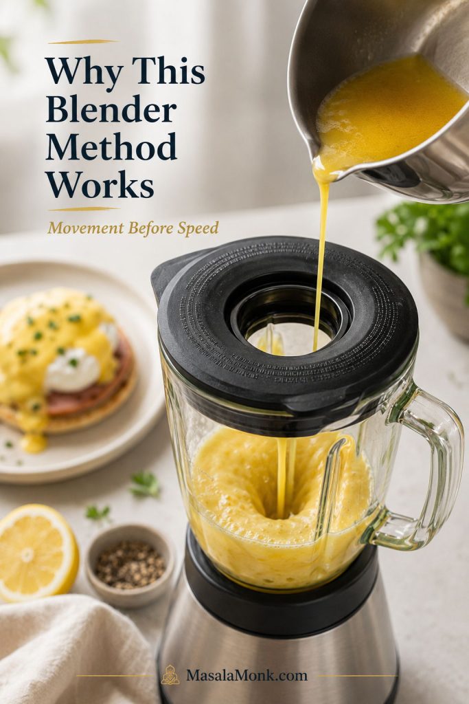 Hot butter being poured into a blender with egg yolks as hollandaise sauce begins to emulsify.