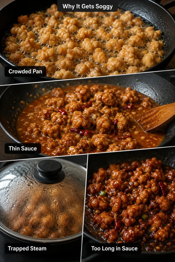 Diagnostic guide showing crowded fried chicken, thin sauce, trapped steam under a lid, and chicken sitting too long in sauce.