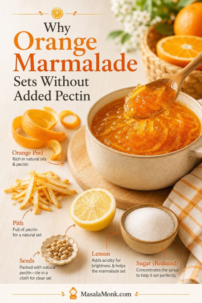 Kitchen explainer showing orange peel and pith, lemon, sugar, boiling marmalade, and a finished jar to explain natural marmalade set.