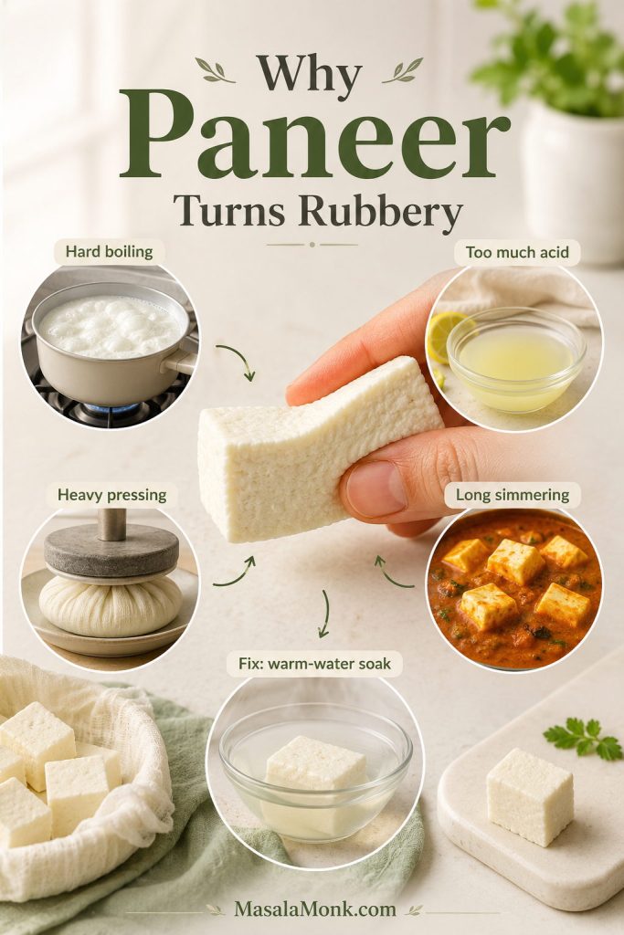 Causes of rubbery paneer shown around a firm paneer piece, including hard boiling, too much acid, heavy pressing, and long simmering.