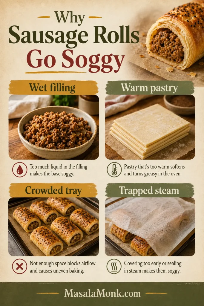Troubleshooting guide showing wet filling, warm pastry, crowded tray, and trapped steam as causes of soggy sausage rolls.