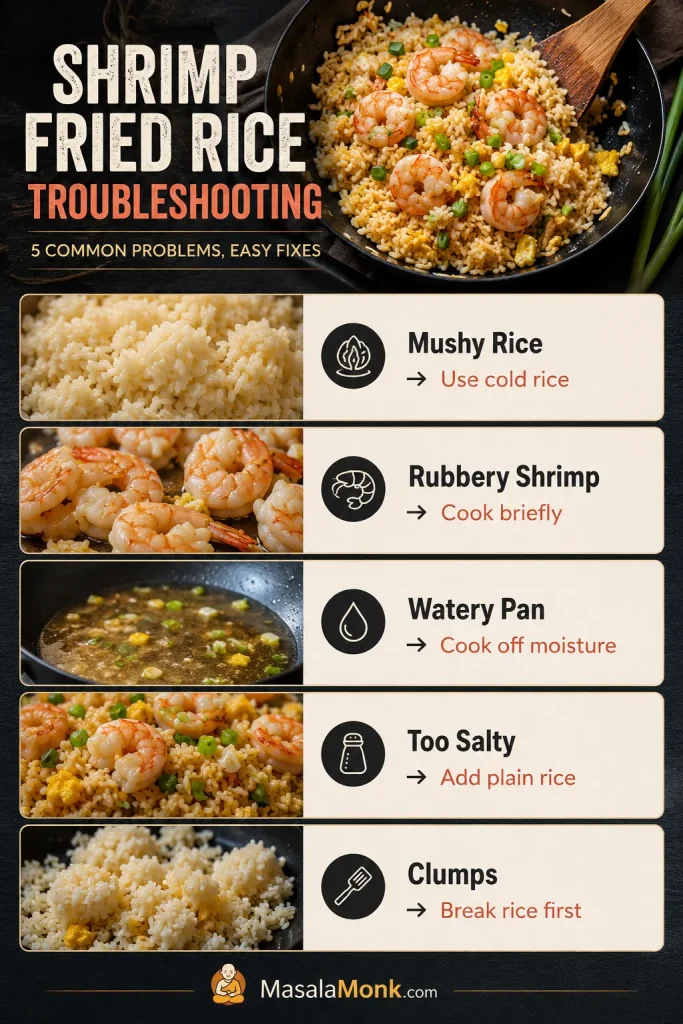 Troubleshooting board with fixes for mushy rice, rubbery shrimp, watery pan, salty rice, and rice clumps.