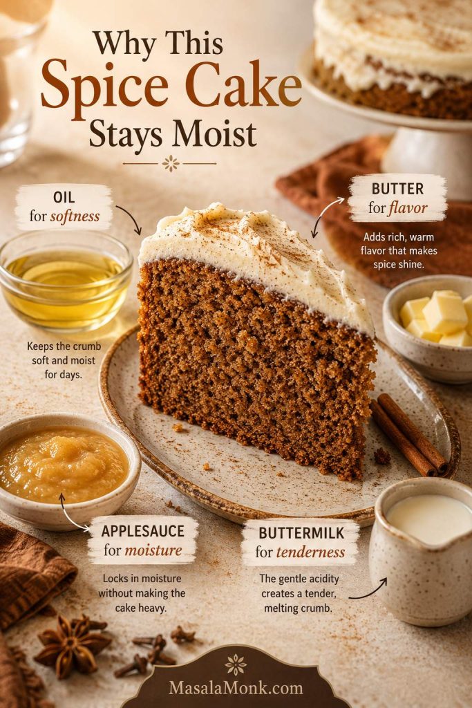 Moisture guide showing a frosted spice cake square with oil, butter, applesauce, and buttermilk callouts around it.