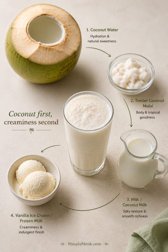 Circular ingredient guide showing coconut water, malai, milk, ice cream, and a finished coconut shake.