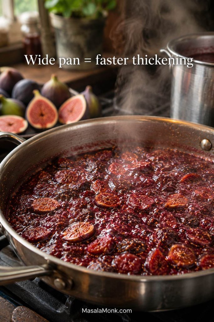 Wide pan of fig jam beginning to simmer with steam rising and a narrower pot in the background.