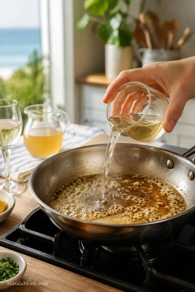 Wine or stock being poured into a skillet with garlic butter pan juices.