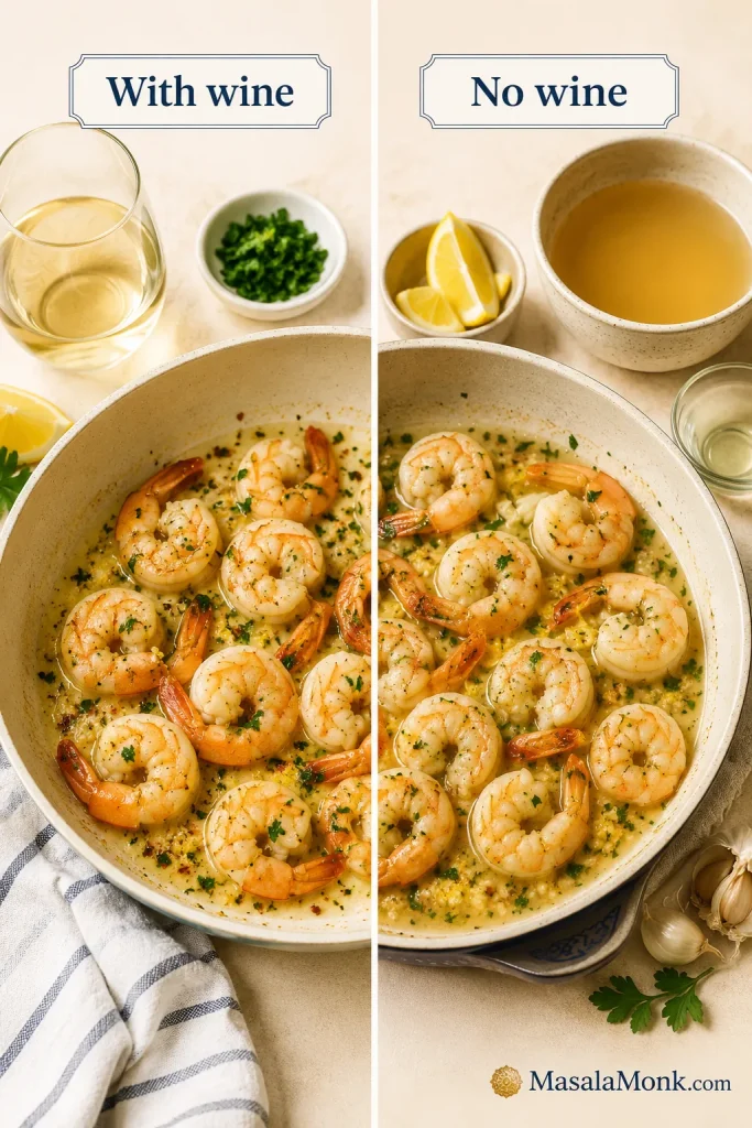 Split image comparing shrimp scampi made with wine and shrimp scampi made with stock.