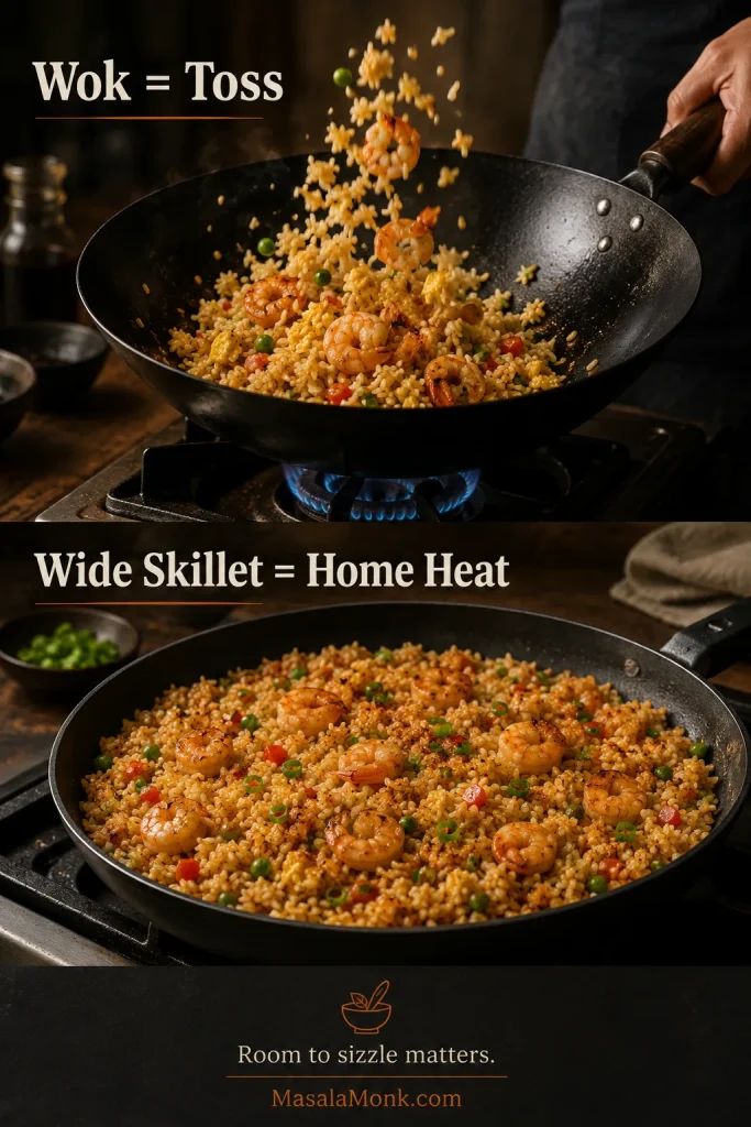 Comparison image showing shrimp fried rice being tossed in a wok and spread across a wide skillet.