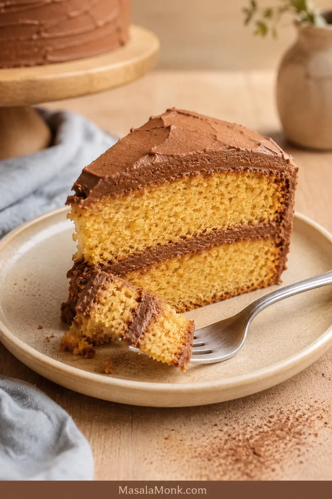 Yellow cake slice with chocolate cream cheese frosting between the layers and on top.