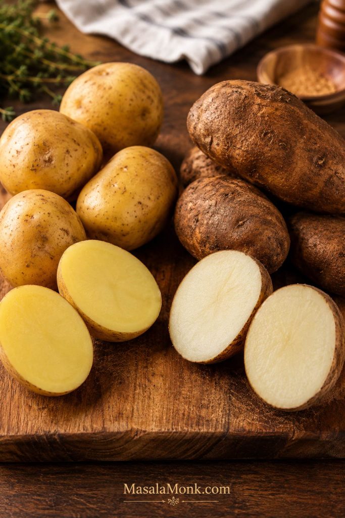 Yukon Gold potatoes and russet potatoes with whole potatoes and cut halves on a wooden board.