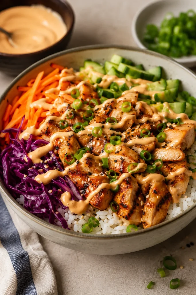 A rice bowl with grilled chicken, white rice, cucumber, purple cabbage, carrots, scallions, sesame seeds, and yum yum sauce drizzled across the top.