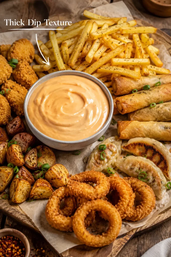 A snack board with a bowl of thick yum yum sauce surrounded by fries, spring rolls, dumplings, nuggets, roasted potatoes, and onion rings.
