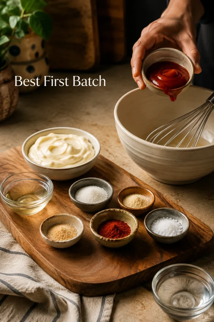 Ingredients for yum yum sauce arranged on a kitchen counter, including mayonnaise, ketchup, rice vinegar, sugar, garlic powder, onion powder, paprika, salt, water, a whisk, and a mixing bowl.