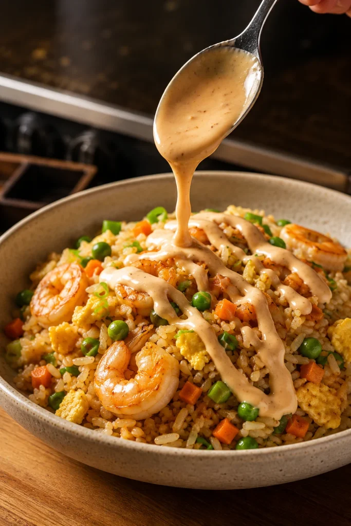 Yum yum sauce being spooned in ribbons over shrimp fried rice with egg, peas, carrots, scallions, and visible rice grains.