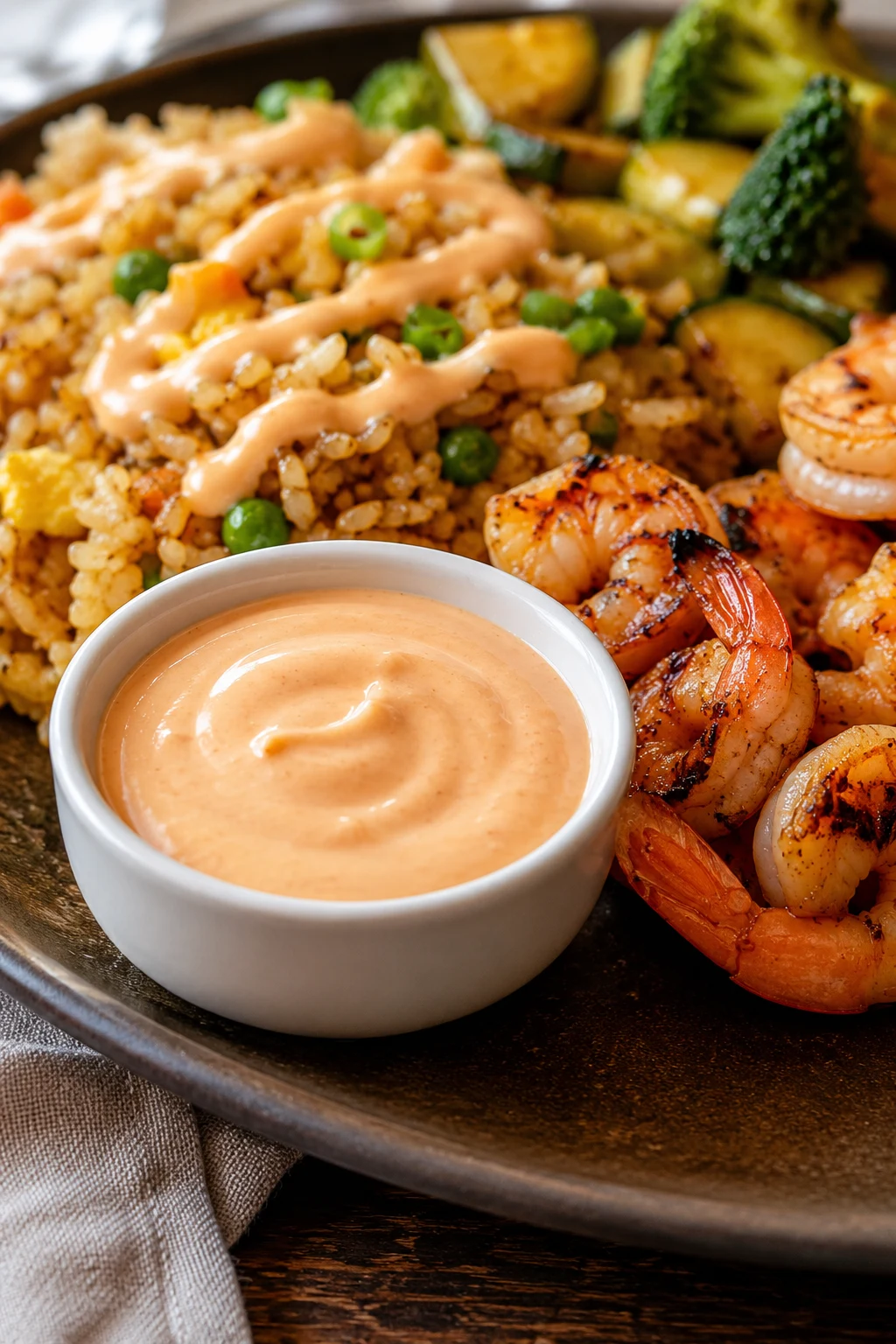 A small white cup of pale pink-orange yum yum sauce served with shrimp fried rice, grilled shrimp, broccoli, zucchini, and hibachi-style vegetables.