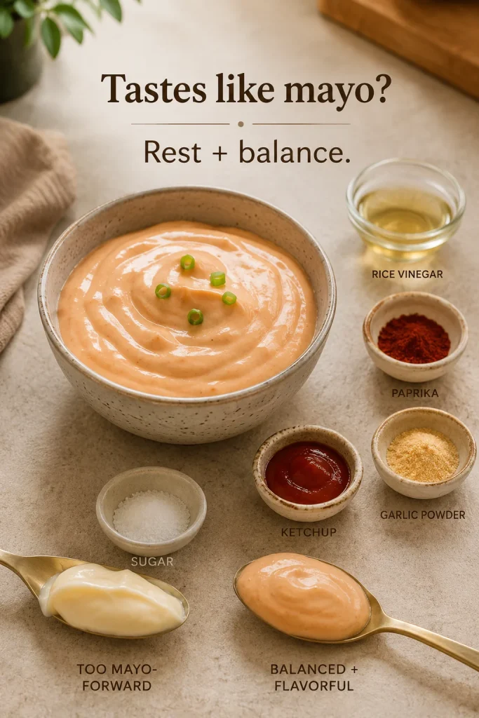 A bowl of yum yum sauce with rice vinegar, paprika, garlic powder, ketchup, sugar, and two spoons comparing a mayo-forward sauce with a more balanced sauce.