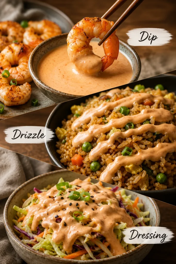 A three-part texture guide showing yum yum sauce as a thick dip with shrimp, a drizzle over fried rice, and a dressing over a slaw-style bowl.