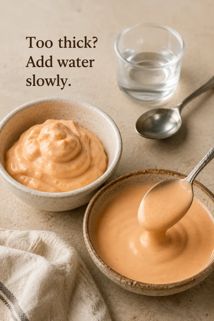 Yum yum sauce texture comparison showing a too-thick mound-like sauce beside a smoother drizzle texture, with water and a spoon nearby.