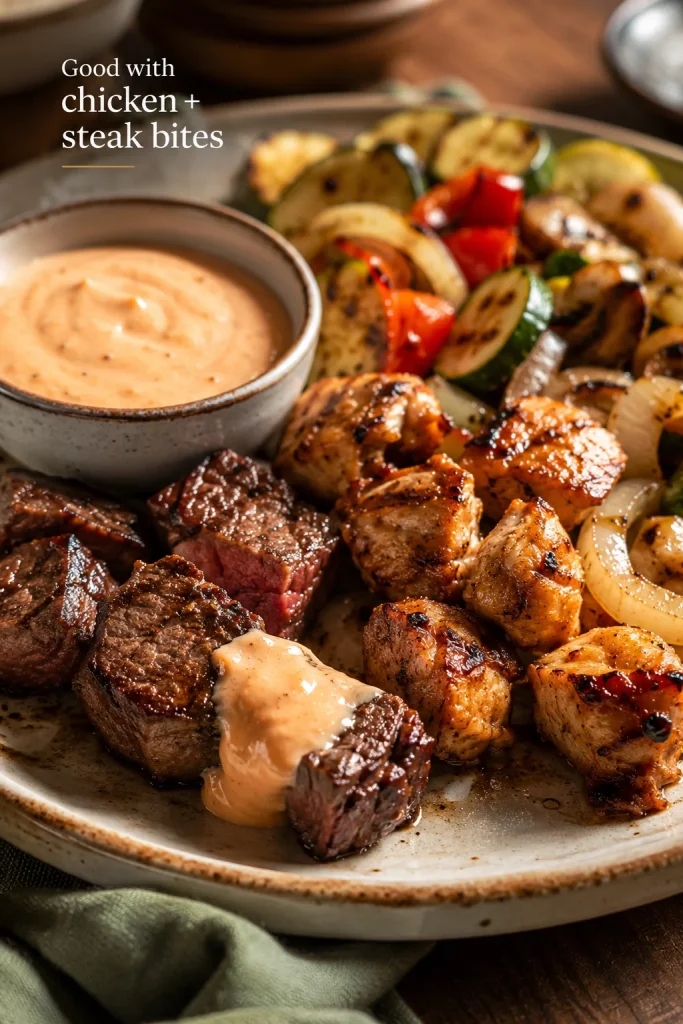 A plate of grilled chicken pieces, steak bites, hibachi-style vegetables, and a bowl of pale pink-orange yum yum sauce, with sauce on one piece of steak.
