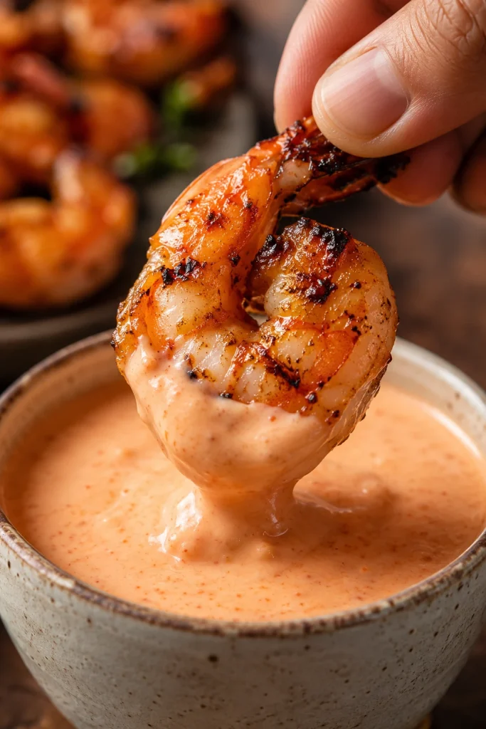 A grilled shrimp held by fingers and dipped into thick pale pink-orange yum yum sauce in a ceramic bowl.