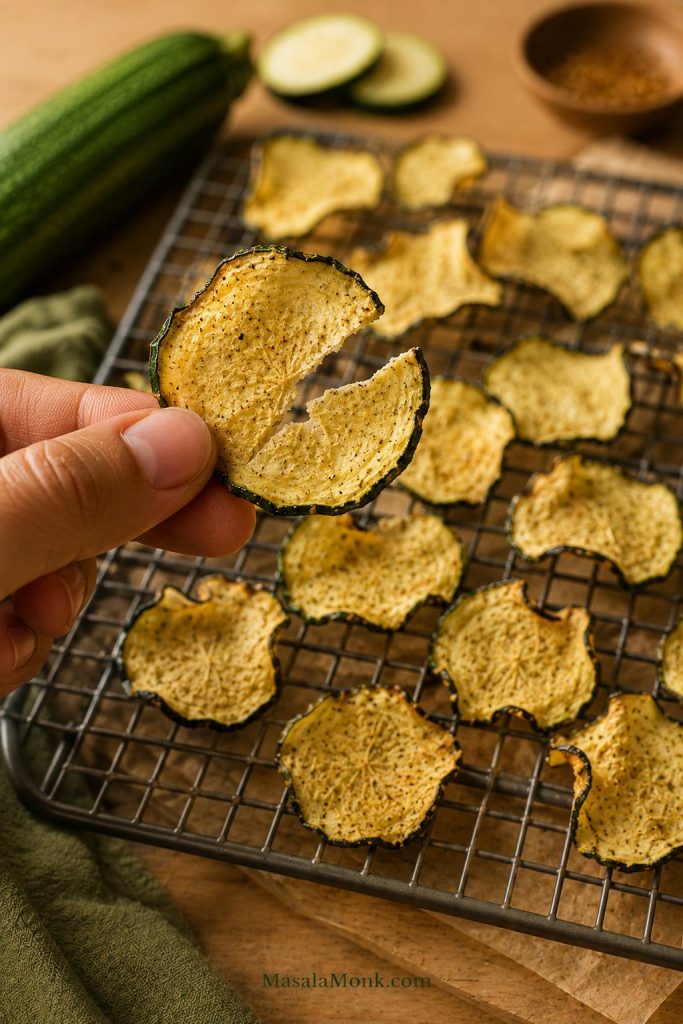 Hand holding a thin dried zucchini chip above a rack of dehydrated zucchini chips.