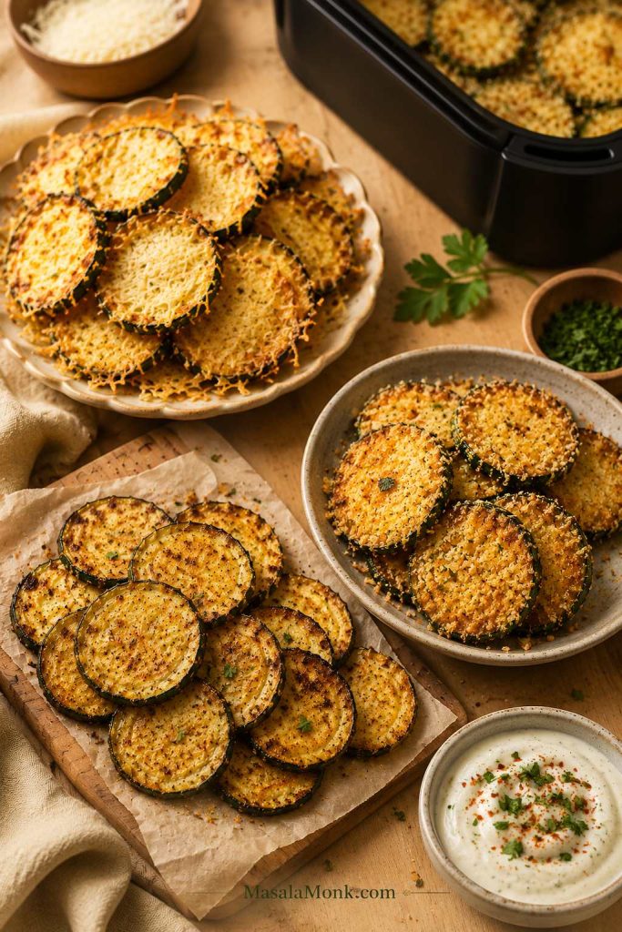 Three zucchini chip styles shown together: thin plain chips, parmesan rounds, and panko-coated rounds.