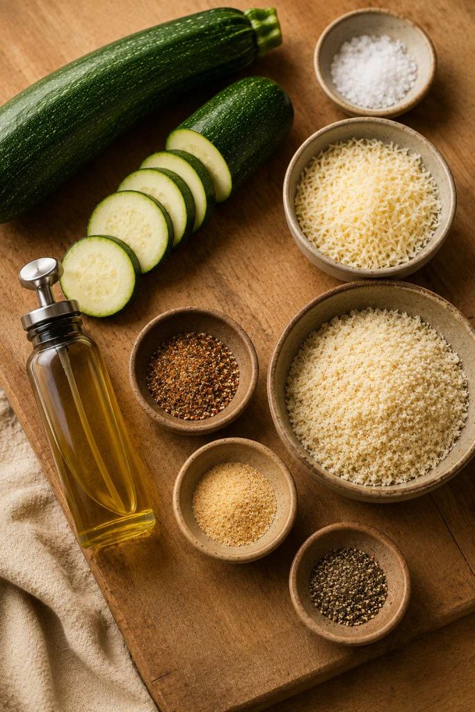 Zucchini, salt, grated parmesan, panko, oil spray, and spices arranged on a wooden board.