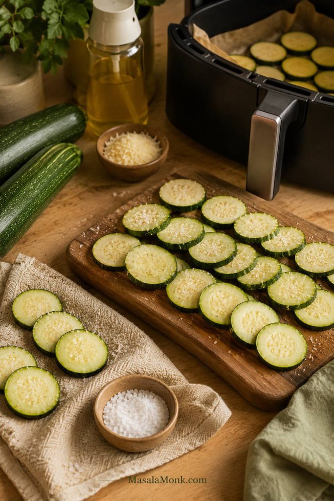 Sliced zucchini, salt, parmesan, oil spray, towel, and air fryer basket arranged on a wooden surface.