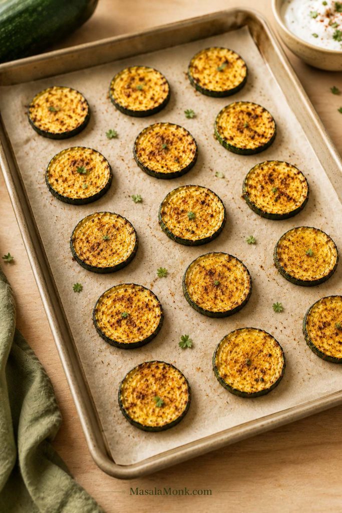 Zucchini rounds arranged with space between them on a parchment-lined sheet pan.