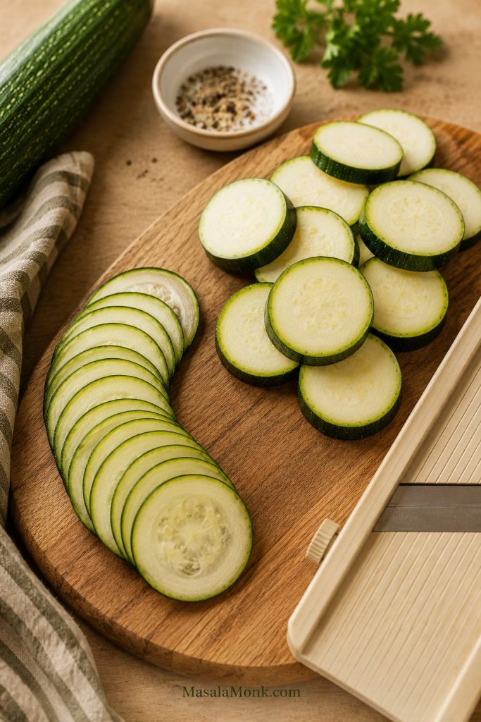 Thin zucchini slices and thicker zucchini rounds shown on a cutting board with a slicing tool.