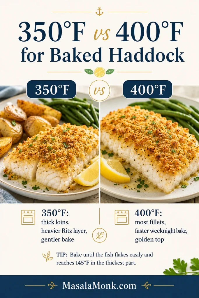 Infographic comparing 350°F and 400°F oven temperatures for baked haddock with notes for thick loins and most fillets.