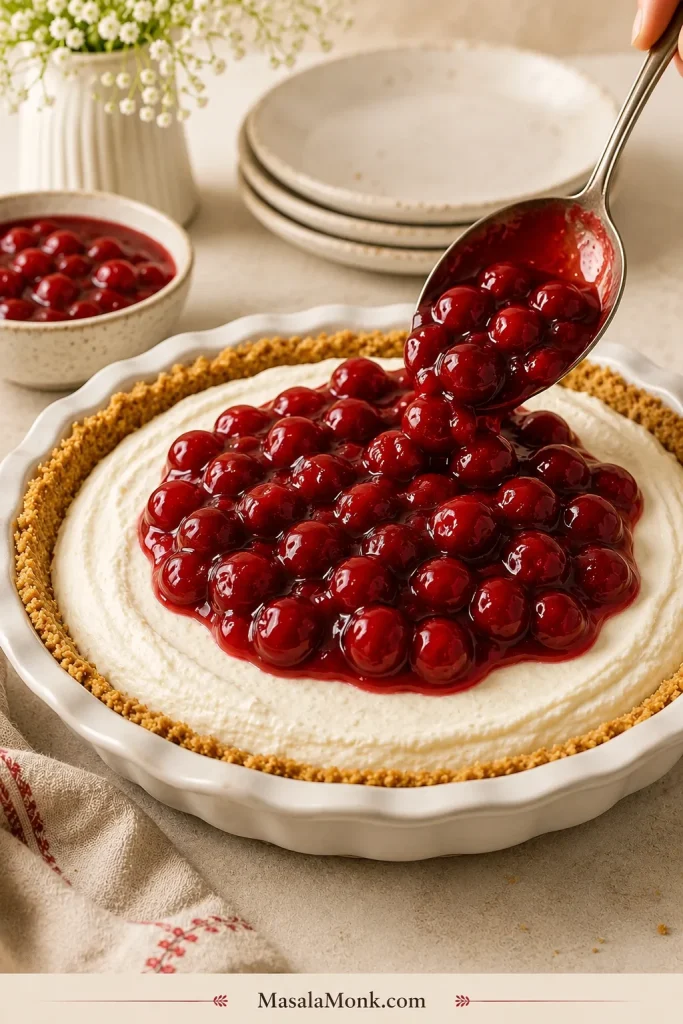 Cherry pie filling being spooned over a chilled cream cheese pie in a graham cracker crust.