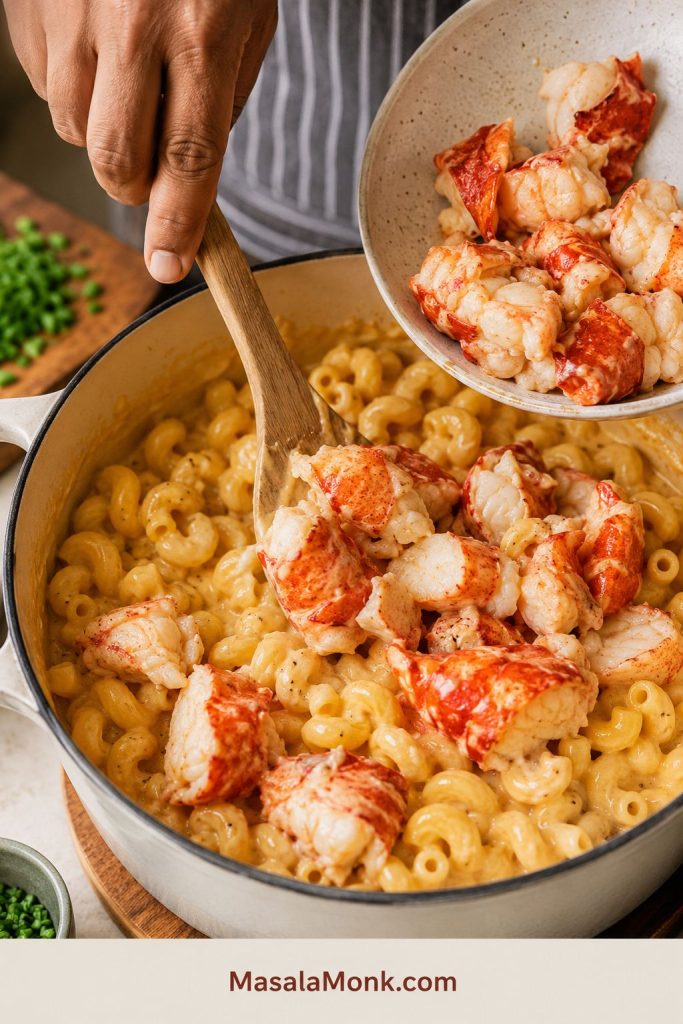 Large lobster pieces being gently folded into sauced cavatappi pasta for lobster mac and cheese.