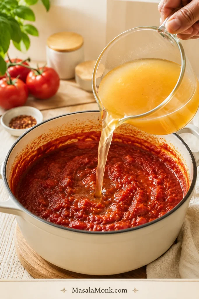 Broth being poured into a pot of concentrated cooked tomato mixture.