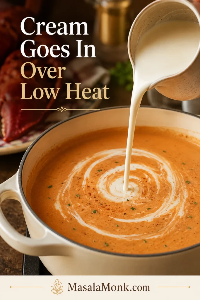 Heavy cream being poured into smooth coral-orange lobster bisque in a pot.
