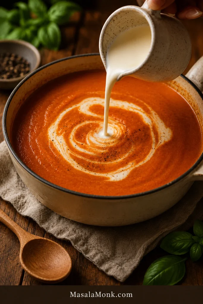 Cream being poured into smooth tomato bisque.