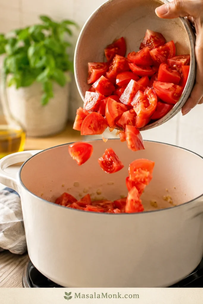 Chopped fresh tomatoes being tipped from a bowl into a pot.