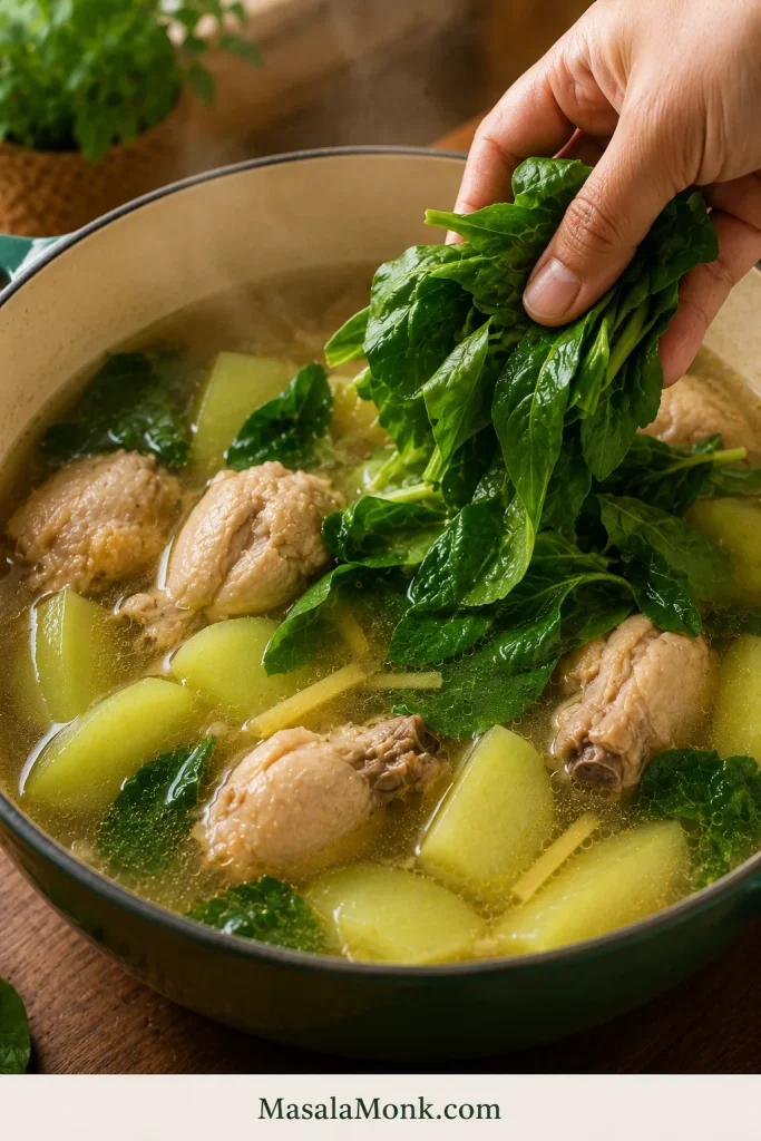 Hand adding fresh leafy greens to a pot of Chicken Tinola with broth, chicken pieces, and green vegetable wedges.