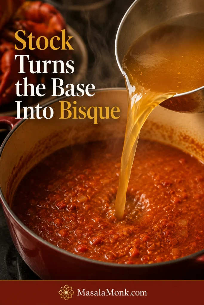 Golden lobster stock being poured into a brick-red bisque base in a pot.