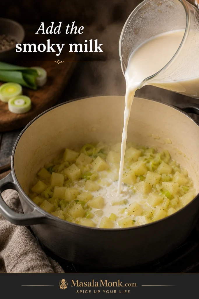 Milk being poured from a jug into a pot of potatoes and leeks with steam rising.