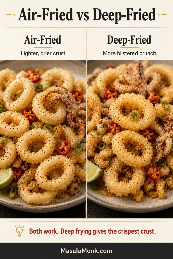 Side-by-side comparison of air-fried and deep-fried salt and pepper squid with different crust textures.