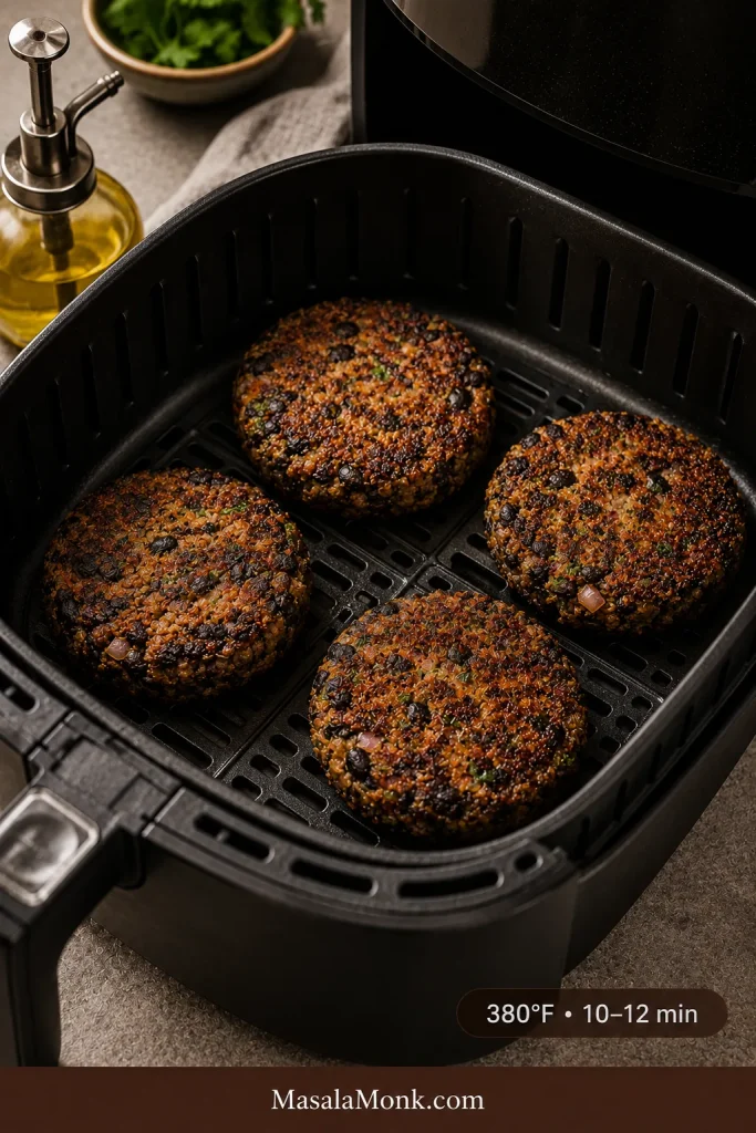 Four black bean burger patties in an air fryer basket with browned tops, an oil bottle nearby, and a 380°F 10 to 12 minute label.