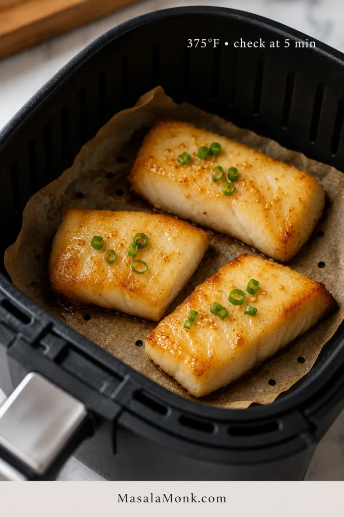 Miso black cod fillets in an air fryer basket with parchment and a note to cook at 375°F and check at 5 minutes.